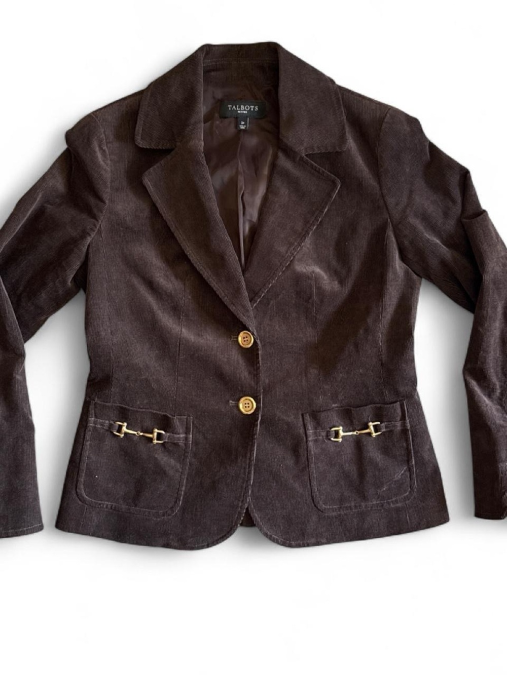 Talbots Dark Brown Corduroy Blazer with Gold-Tone Accents - Size 2P